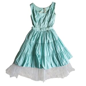 Vintage 60's Erlebacher Aqua Dress w/ Belt And Tulle Base - Size Small